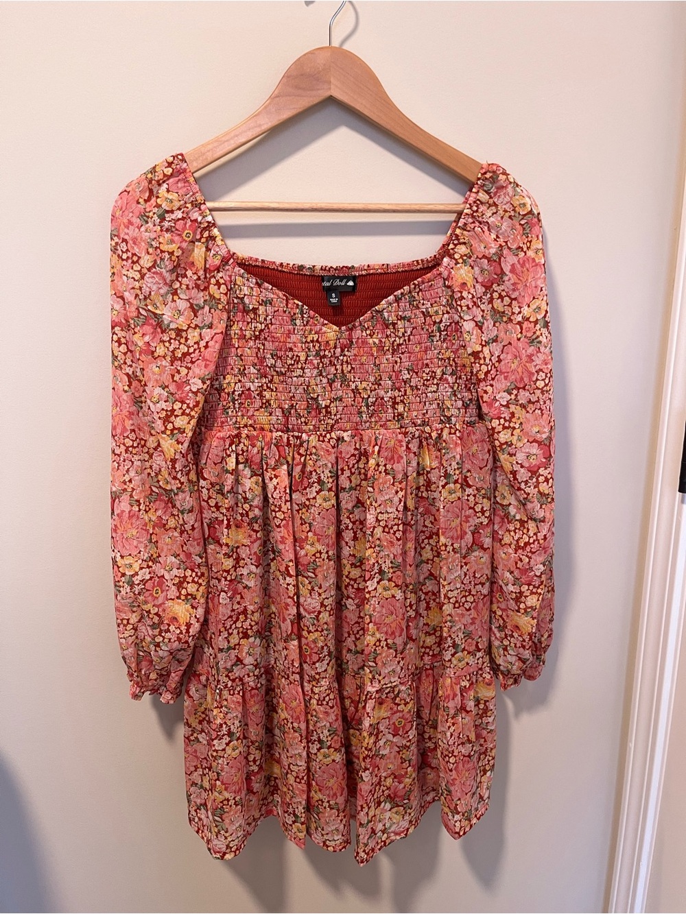 Crystal Doll Multicolor Pink Floral Smocked Long Sleeve Mini Dress